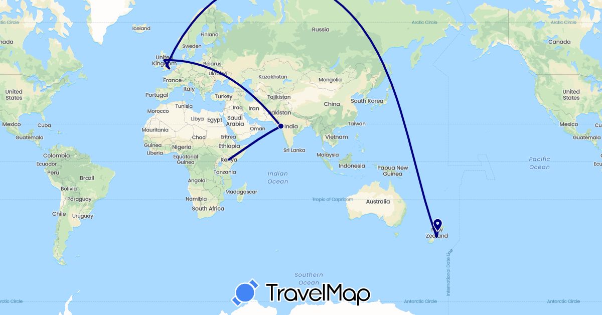 TravelMap itinerary: driving in United Kingdom, India, Kenya, New Zealand (Africa, Asia, Europe, Oceania)